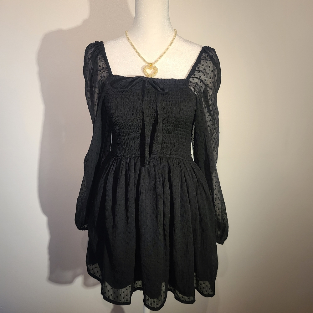 BOG Collective Black Polka Dot Sheer Long Sleeve Dress